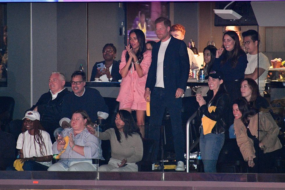 los angeles, california april 24 prince harry, duke of sussex and meghan, duchess of sussex attend a basketball game between the los angeles lakers and the memphis grizzlies at cryptocom arena on april 24, 2023 in los angeles, california photo by allen berezovskygetty images