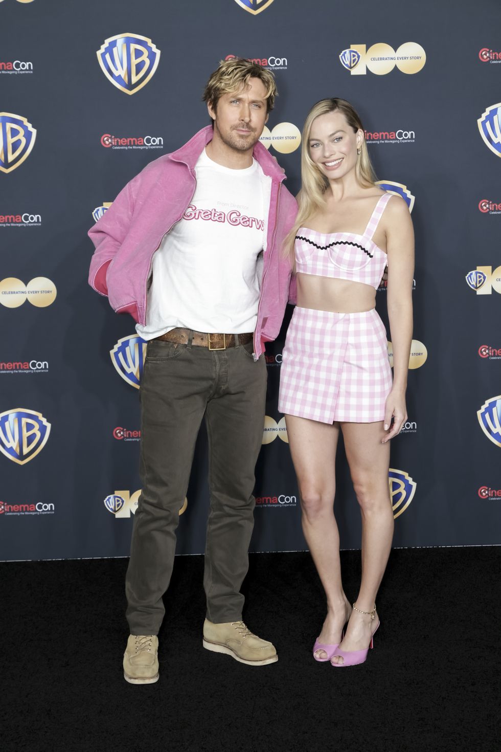 las vegas, nevada april 25 l r ryan gosling and margo robbie attend the red carpet promoting the upcoming film barbie at the warner bros pictures studio presentation during cinemacon, the official convention of the national association of theatre owners, at the colosseum at caesars palace on april 25, 2023 in las vegas, nevada photo by greg dohertywireimage