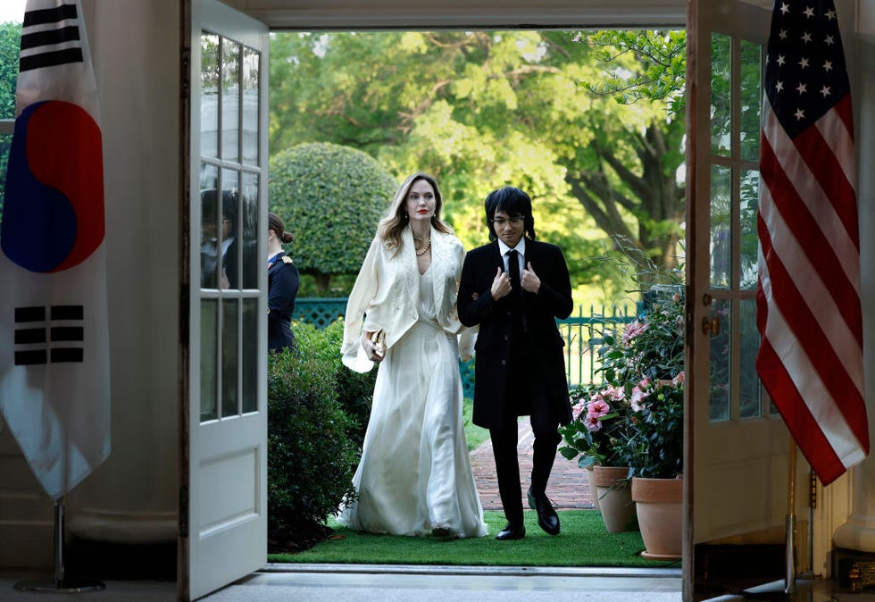 washington, dc april 26 actress angelina jolie and her son maddox arrive at the white house on april 26, 2023 in washington, dc president joe biden and first lady jill biden are hosting south korean president yoon suk yeol and south korean first lady kim keon hee for a state dinner photo by anna moneymakergetty images