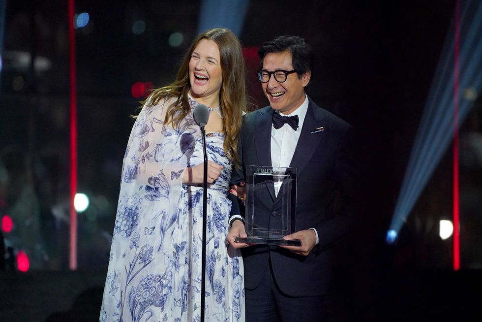 new york, new york april 26 drew barrymore and ke huy quan speak onstage at 2023 time100 gala at jazz at lincoln center on april 26, 2023 in new york city photo by sean zannipatrick mcmullan via getty images