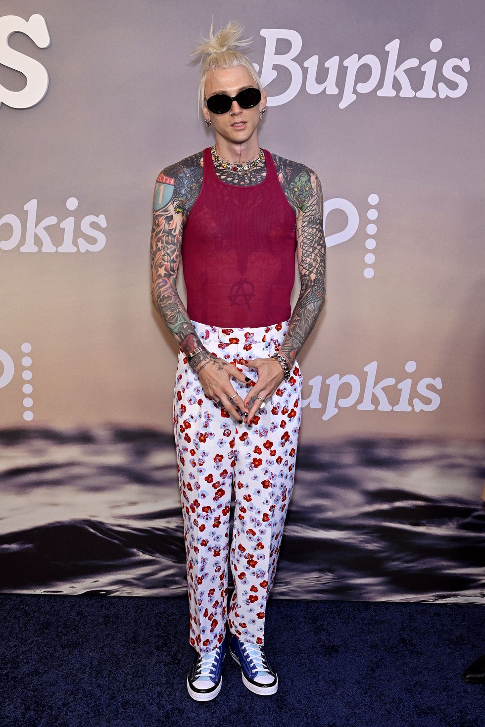 new york, new york april 27 machine gun kelly attends the peacock's "bupkis" world premiere at the apollo theater on april 27, 2023 in new york city photo by roy rochlingetty images