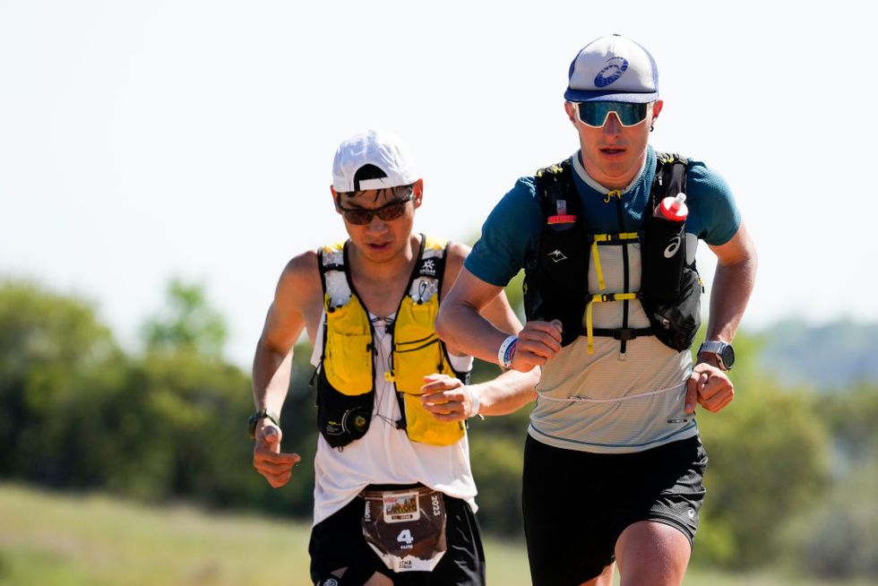 auburn, california april 28 mathieu clement of switzerland and canhua luo of china compete in the 100 mile race during the utmb world series canyons endurance runs on april 28, 2023 in auburn, california photo by patrick mcdermottgetty images for canyons utmb