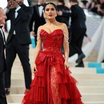 new york, new york may 01 salma hayek pinault attends the 2023 met gala celebrating karl lagerfeld a line of beauty at the metropolitan museum of art on may 01, 2023 in new york city photo by dimitrios kambourisgetty images for the met museumvogue