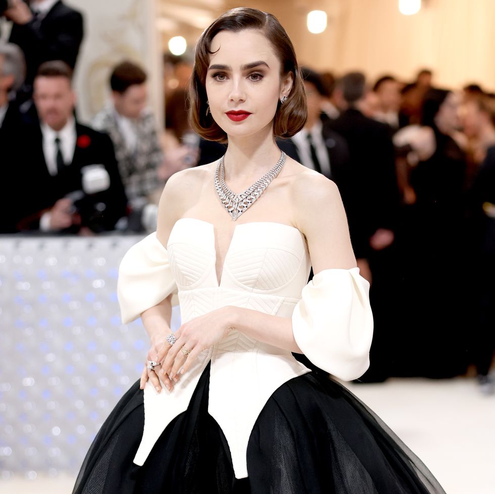 new york, new york may 01 lily collins attends the 2023 met gala celebrating karl lagerfeld a line of beauty at the metropolitan museum of art on may 01, 2023 in new york city photo by john shearerwireimage
