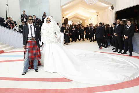 new york, new york may 01 l r a$ap rocky and rihanna attend the 2023 met gala celebrating karl lagerfeld a line of beauty at the metropolitan museum of art on may 01, 2023 in new york city photo by mike coppolagetty images