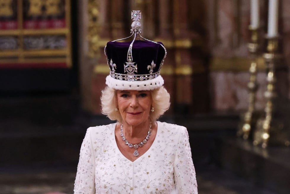 london, england may 06 queen camilla stands after being crowned by archbishop of canterbury justin welby during her coronation ceremony in westminster abbey, on may 6, 2023 in london, england the coronation of charles iii and his wife, camilla, as king and queen of the united kingdom of great britain and northern ireland, and the other commonwealth realms takes place at westminster abbey today charles acceded to the throne on 8 september 2022, upon the death of his mother, elizabeth ii photo by richard pohle wpa poolgetty images