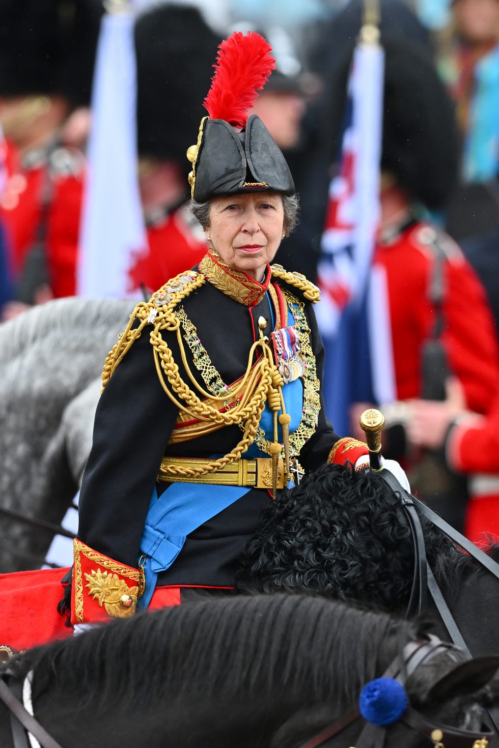 london, england may 06 princess anne, princess royal rides on horseback behind the gold state coach carrying the newly crowned king and queen consort as they travel down the mall during the coronation of king charles iii and queen camilla on may 06, 2023 in london, england the coronation of charles iii and his wife, camilla, as king and queen of the united kingdom of great britain and northern ireland, and the other commonwealth realms takes place at westminster abbey today charles acceded to the throne on 8 september 2022, upon the death of his mother, elizabeth ii photo by dan mullangetty images