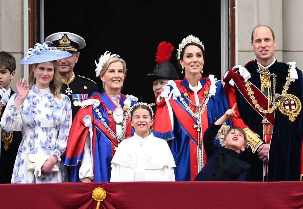 london, england may 06 l r lady louise windsor, vice admiral sir timothy laurence, sophie, duchess of edinburgh, princess charlotte of wales, anne, princess royal, catherine, princess of wales, prince louis of wales and prince william, prince of wales gather on the buckingham palace central balcony after the coronation service of king charles iii and queen camilla on may 06, 2023 in london, england the coronation of charles iii and his wife, camilla, as king and queen of the united kingdom of great britain and northern ireland, and the other commonwealth realms takes place at westminster abbey today charles acceded to the throne on 8 september 2022, upon the death of his mother, elizabeth ii photo by samir husseinwireimage
