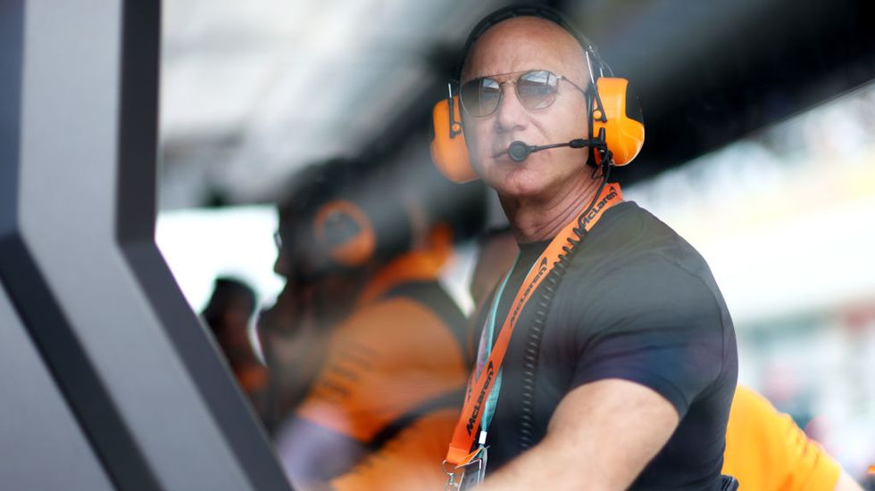 miami, florida may 06 jeff bezos looks on from the mclaren pitwall during final practice ahead of the f1 grand prix of miami at miami international autodrome on may 06, 2023 in miami, florida photo by dan istitene formula 1formula 1 via getty images