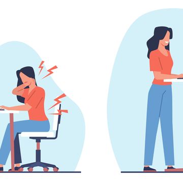 woman works in an office sitting at computer or standing using standing desk home or office workplace ergonomic table, healthy workstation cartoon flat style isolated illustration vector concept