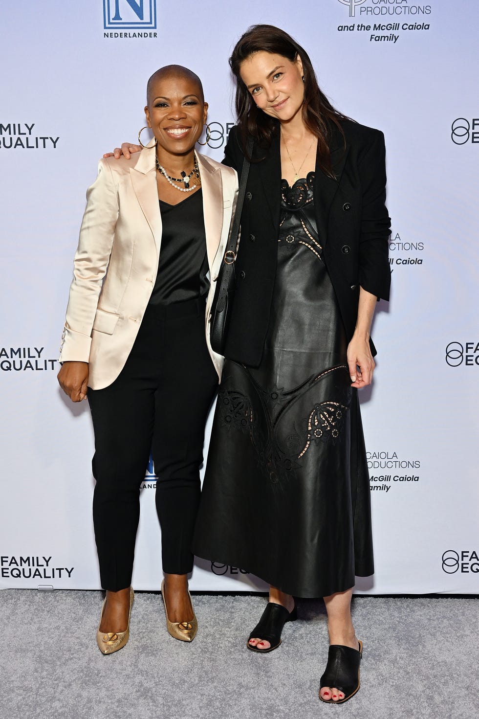 new york, new york may 15 l r stacey stevenson and katie holmes attend family equalitys night at the pier at pier sixty at chelsea piers on may 15, 2023 in new york city photo by slaven vlasicgetty images for family equality