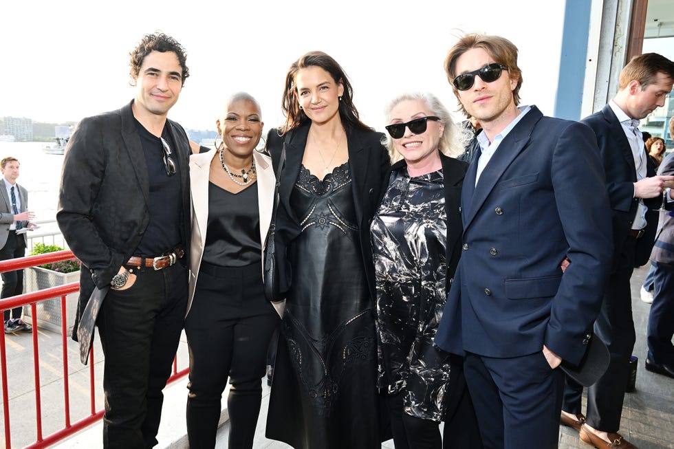 new york, new york may 15 l r zac posen, stacey stevenson, katie holmes, deborah harry and harrison ball attend family equalitys night at the pier at pier sixty at chelsea piers on may 15, 2023 in new york city photo by slaven vlasicgetty images for family equality