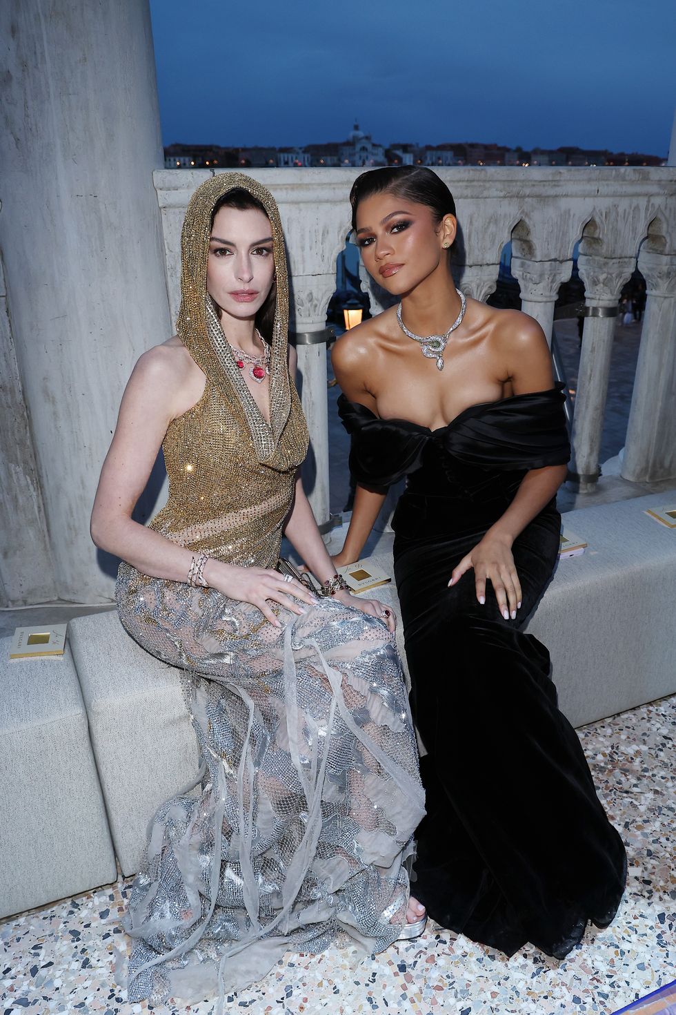 venice, italy may 16 anne hathaway and zendaya attend the bulgari mediterranea high jewelry event at palazzo ducale on may 16, 2023 in venice photo by pietro s dapranogetty images for bulgari