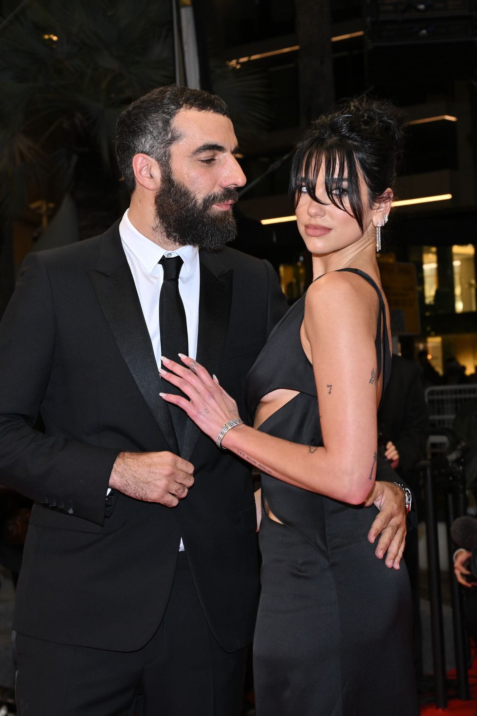 cannes, france may 19 dua lipa and romain gavras attend the omar la fraise the king of algiers red carpet during the 76th annual cannes film festival at palais des festivals on may 19, 2023 in cannes, france photo by stephane cardinale corbiscorbis via getty images