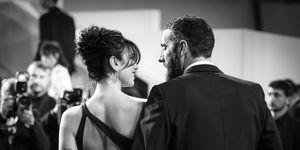 cannes, france may 19 editors note image has been converted to black and white dua lipa and romain gavras attend the omar la fraise the king of algiers red carpet during the 76th annual cannes film festival at palais des festivals on may 19, 2023 in cannes, france photo by mike coppolagetty images