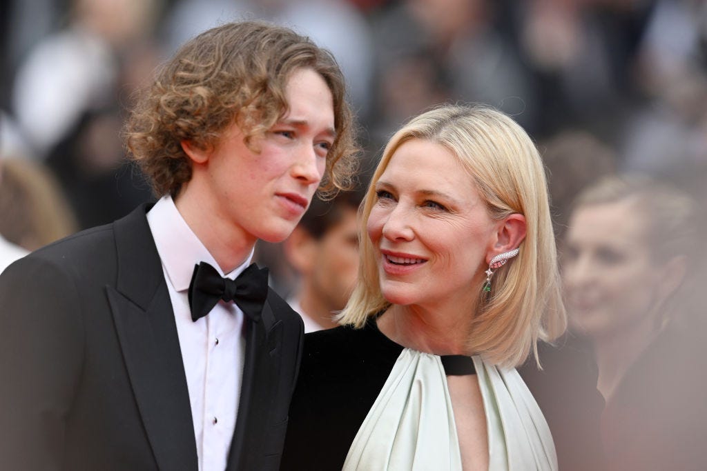 cannes, france may 20 editors note a special effects camera filter was used for this image dashiell john upton and cate blanchett attend the killers of the flower moon red carpet during the 76th annual cannes film festival at palais des festivals on may 20, 2023 in cannes, france photo by gareth cattermolegetty images