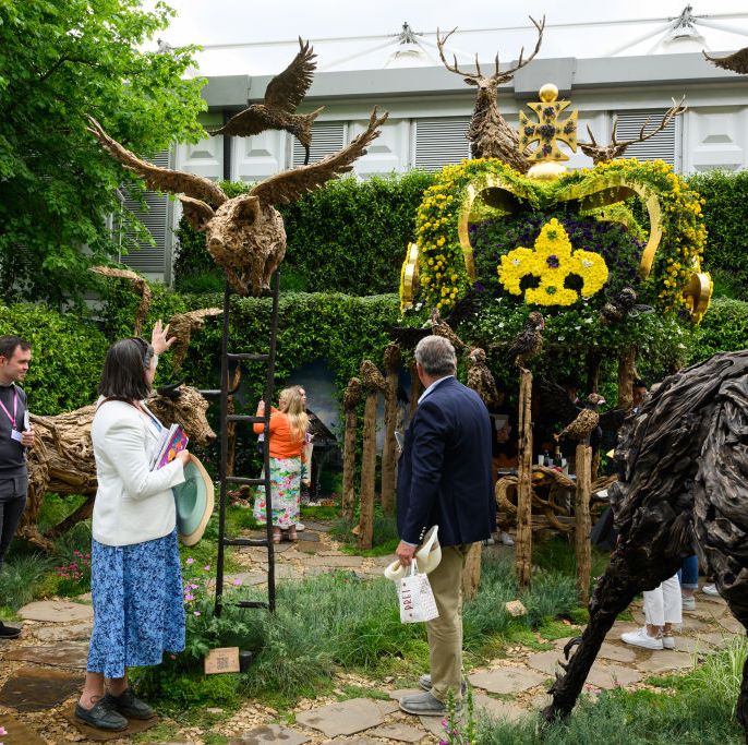 london, england may 23 a floral crown is seen as visitors view displays on rhs members day at the chelsea flower show on may 23, 2023 in london, england running from 22 to 27 may, the annual event by the royal horticultural society sees garden designers competing to earn coveted bronze, silver or gold medals with their imaginative landscapes and displays photo by leon nealgetty images