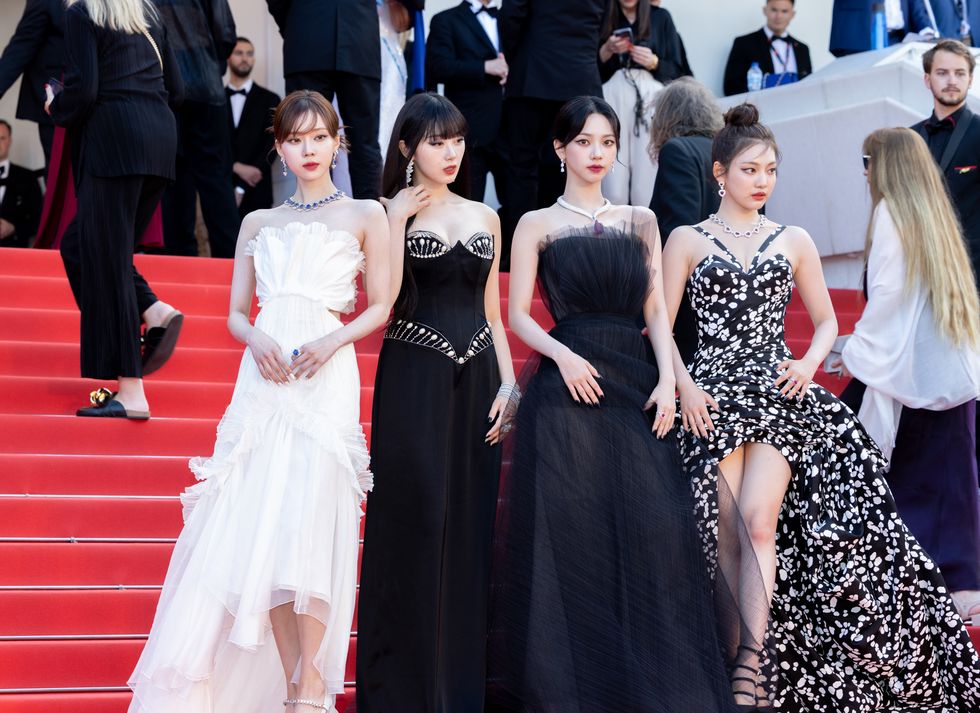 cannes, france may 24 l r kim min jeong winter, aeri uchinaga giselle, yoo jimin karina and ning yi zhuo ningning of aespa group arrive for the screening of the film "la passion de dodin bouffant" during the 76th cannes film festival at palais des festivals on may 24, 2023 in cannes, france photo by vcgvcg via getty images