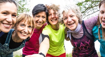 happy multi generational women having fun together at city park multigenerational female friends taking selfie after sport workout outdoor bright filter with focus on faces