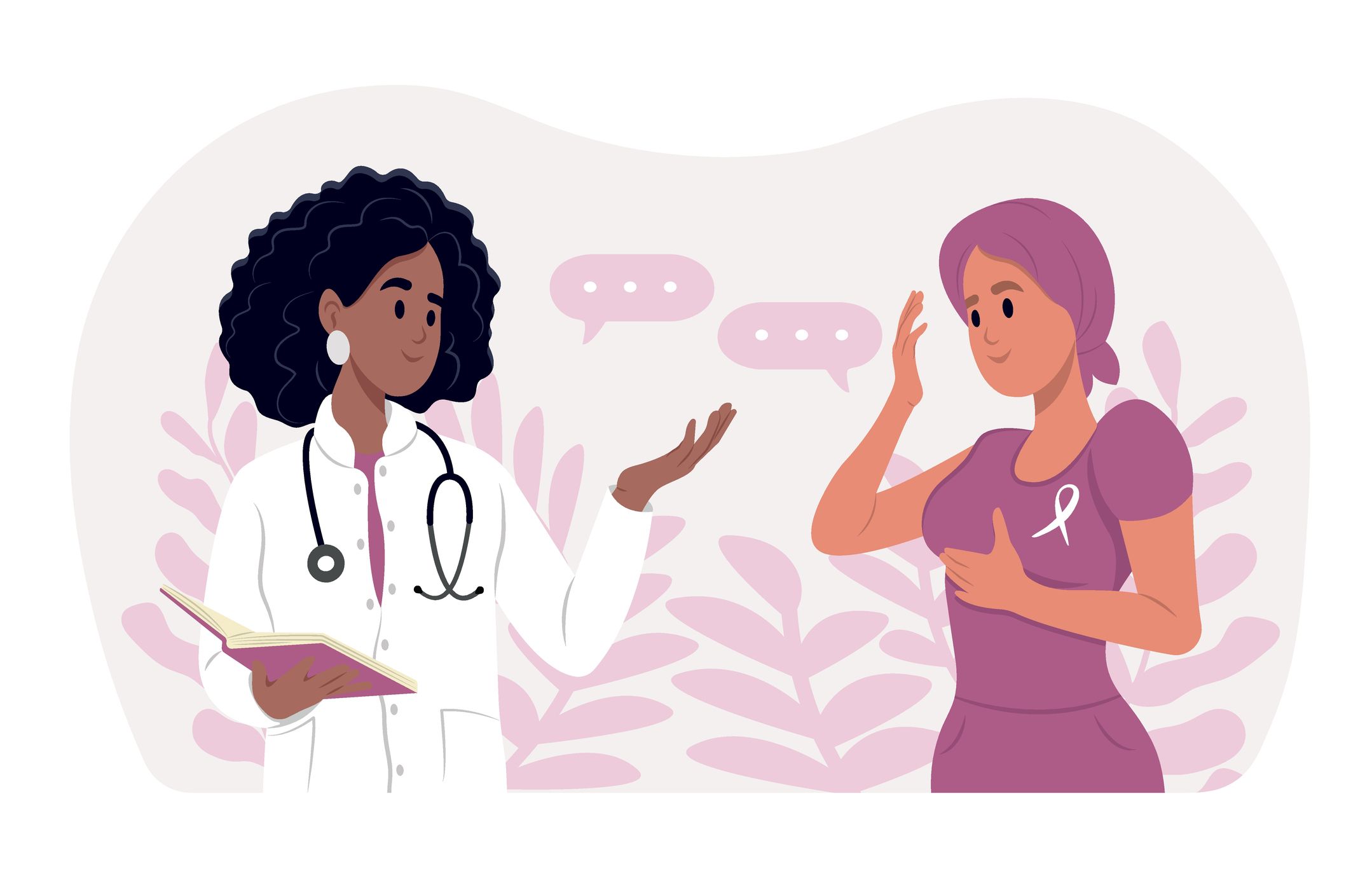 young smiling female doctor talking to cancer patient woman in headscarf cancer survivors day breast cancer awareness month ovarian cancer awareness month