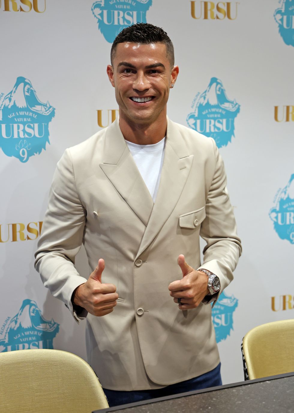 madrid, spain june 07 cristiano ronaldo and aguas minerales de avila present ursu, a natural alkaline mineral water and antioxidant, on june 7, 2023, in madrid, spain photo by raul terreleuropa press via getty images
