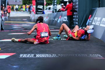 innsbruck, austria june 08: athletes of spain react after crossing the finish line of the trail short competition during the 2023 world mountain and trail running championships on june 08, 2023 in innsbruck, austria. (photo by jan hetfleisch/getty images)