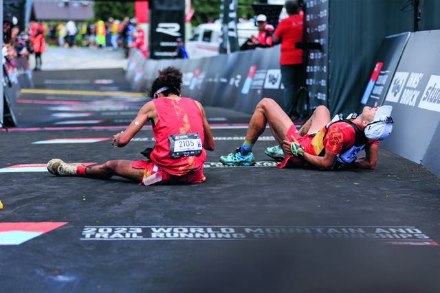 innsbruck, austria june 08: athletes of spain react after crossing the finish line of the trail short competition during the 2023 world mountain and trail running championships on june 08, 2023 in innsbruck, austria. (photo by jan hetfleisch/getty images)