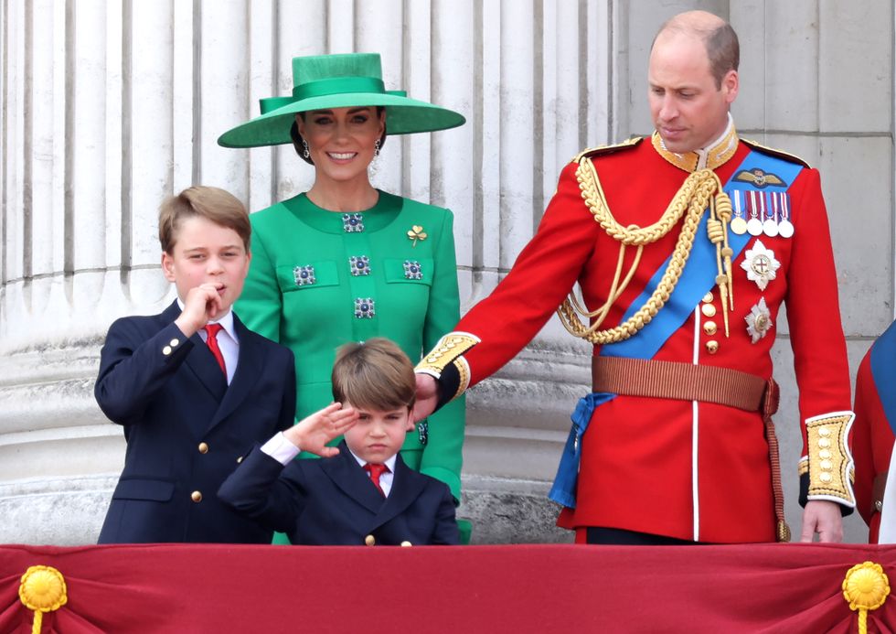 london, england june 17 prince william, prince of wales, prince louis of wales, catherine, princess of wales and prince george of wales on the buckingham palace balcony during trooping the colour on june 17, 2023 in london, england trooping the colour is a traditional parade held to mark the british sovereigns official birthday it will be the first trooping the colour held for king charles iii since he ascended to the throne photo by chris jacksongetty images