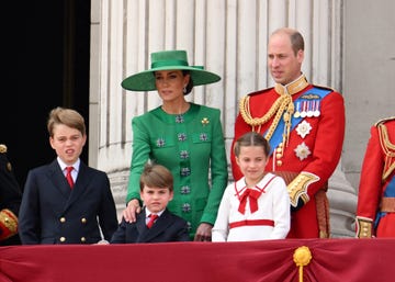 london, england june 17 prince george of wales, prince louis of wales, catherine, princess of wales, princess charlotte of wales and prince william, prince of wales stand on the balcony of buckingham palace to watch a fly past of aircraft by the royal air force during trooping the colour on june 17, 2023 in london, england trooping the colour is a traditional parade held to mark the british sovereigns official birthday it will be the first trooping the colour held for king charles iii since he ascended to the throne photo by karwai tangwireimage