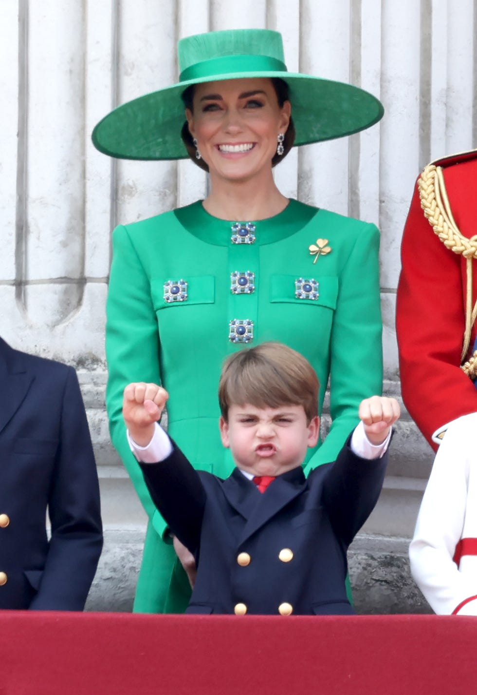 london, england june 17: prince louis of cambridge and catherine, princess of wales watch the fly past on the buckingham palace balcony during trooping the colour on june 17, 2023 in london, england. trooping the colour is a traditional parade held to mark the british sovereigns official birthday. it will be the first trooping the colour held for king charles iii since he ascended to the throne. (photo by chris jackson/getty images)