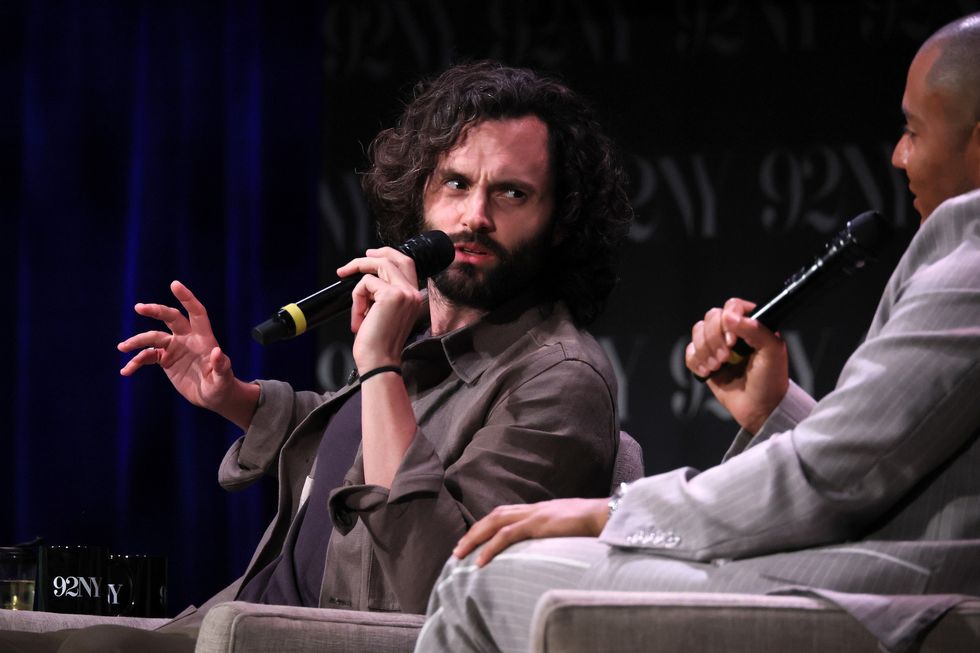 new york, new york june 23 penn badgley l and zach stafford speak onstage during vibe check saeed jones, sam sanders, zach stafford in conversation with penn badgley at 92ny on june 23, 2023 in new york city photo by dia dipasupilgetty images