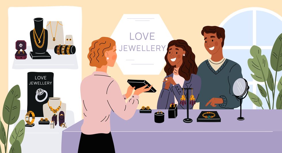 couple in jewelry store happy people choose engagement ring seller behind counter shows goods gift to woman wedding jewellery jewel necklaces and earrings gold bracelets garish vector concept