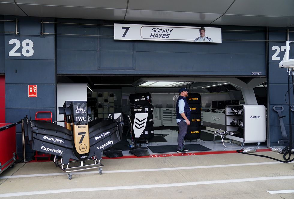 a fiction f1 team garage arranged for filming of the upcoming movie apex starring brad pitt on paddock day ahead of the british grand prix 2023 at silverstone, towcester picture date thursday july 6, 2022 photo by david daviespa images via getty images