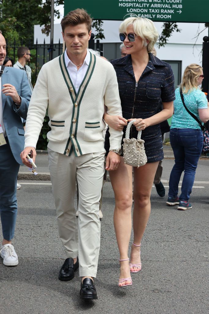 london, england july 03 pixie lott and oliver cheshire attend the evian suite on day one of the wimbledon tennis championships at all england lawn tennis and croquet club at all england lawn tennis and croquet club on july 03, 2023 in london, england photo by neil mockfordgc images