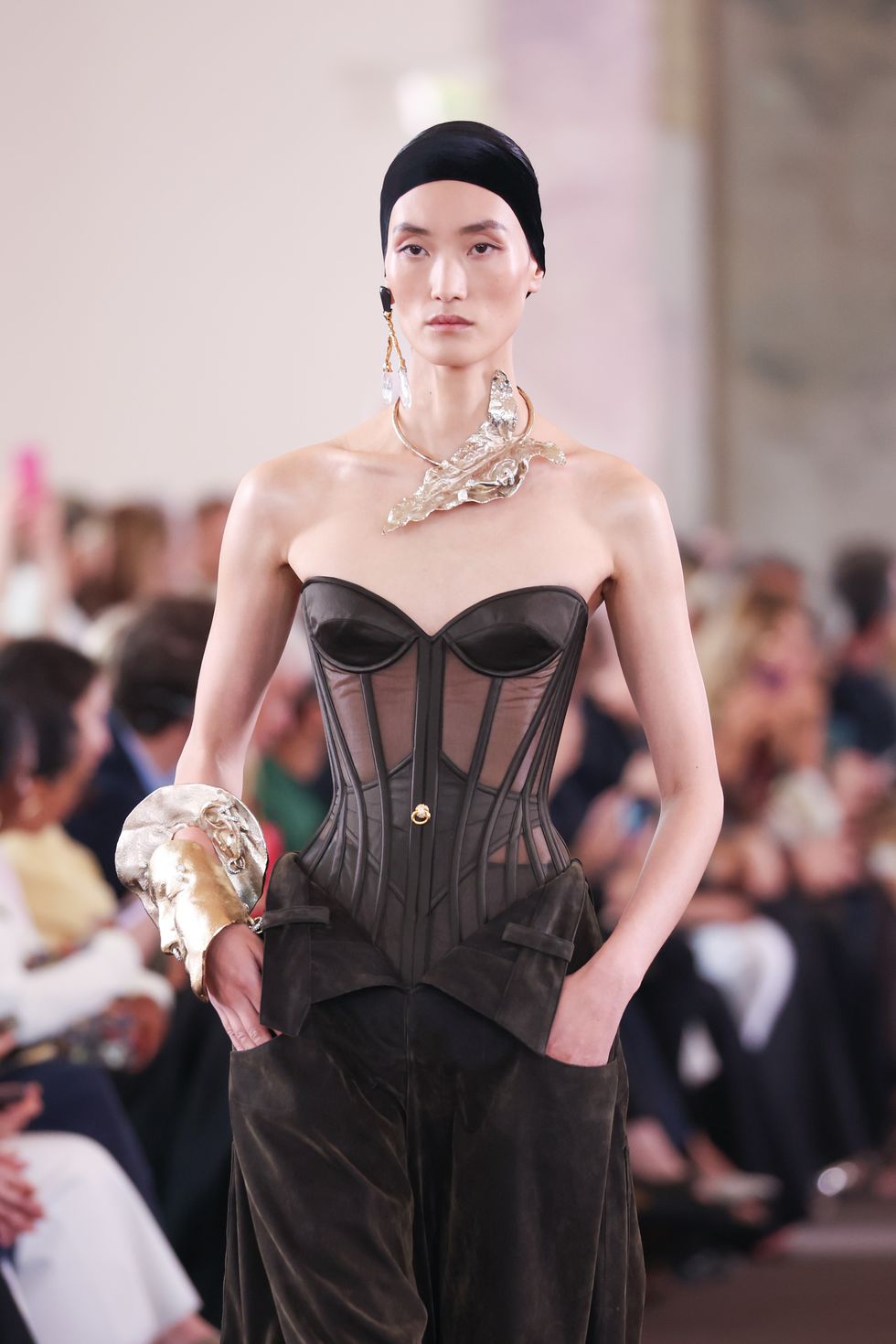 paris, france july 03 editorial use only for non editorial use please seek approval from fashion house a model walks the runway during the schiaparelli haute couture fallwinter 20232024 show as part of paris fashion week on july 03, 2023 in paris, france photo by peter whitegetty images