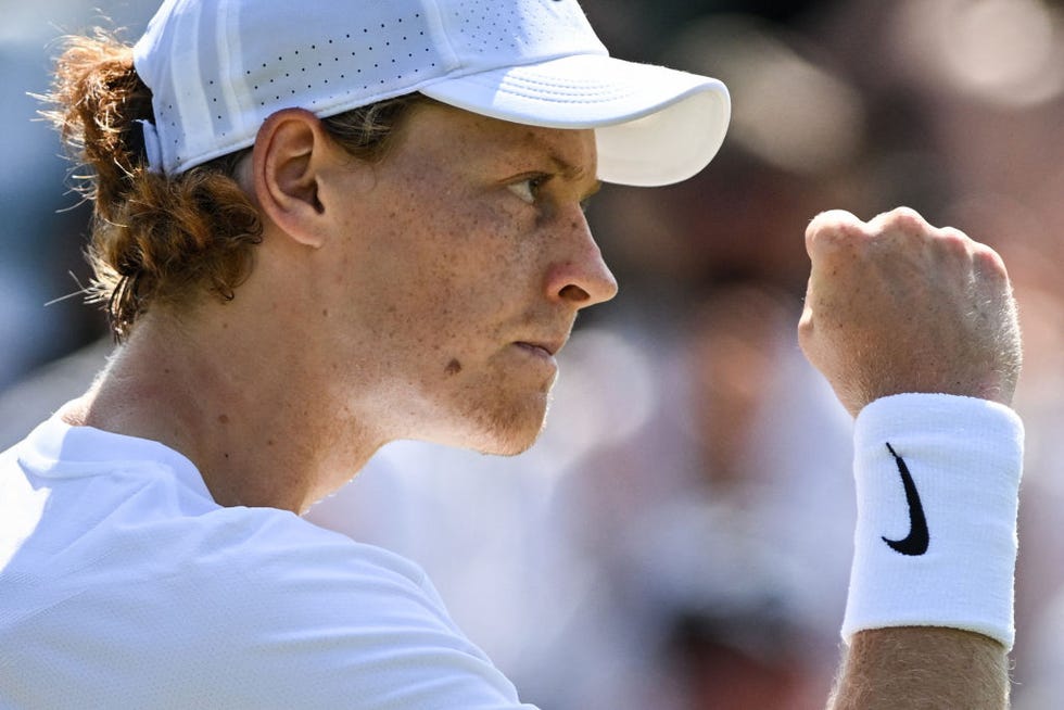 italys jannik sinner celebrates after winning a point against frances quentin halys during their mens singles tennis match on the fifth day of the 2023 wimbledon championships at the all england tennis club in wimbledon, southwest london, on july 7, 2023. (photo by glyn kirk / afp) / restricted to editorial use (photo by glyn kirk/afp via getty images)