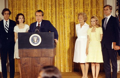 file photo dated 09 august 1974 of the 37th president of the united states, richard nixon, as he bids farewell to the white house staff  family members pictured are l r son in law david eisenhower us president dwight eisenhowers grandson, daughter julie nixon eisenhower, first lady pat nixon, daughter tricia nixon cox with her husband edward cox photo by white house  afp        photo credit should read white houseafp via getty images