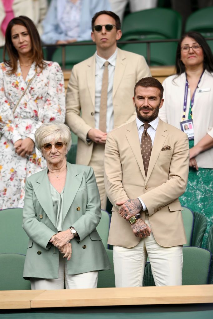 london, england july 05 sandra beckham and david beckham attend day three of the wimbledon tennis championships at all england lawn tennis and croquet club on july 05, 2023 in london, england photo by karwai tangwireimage