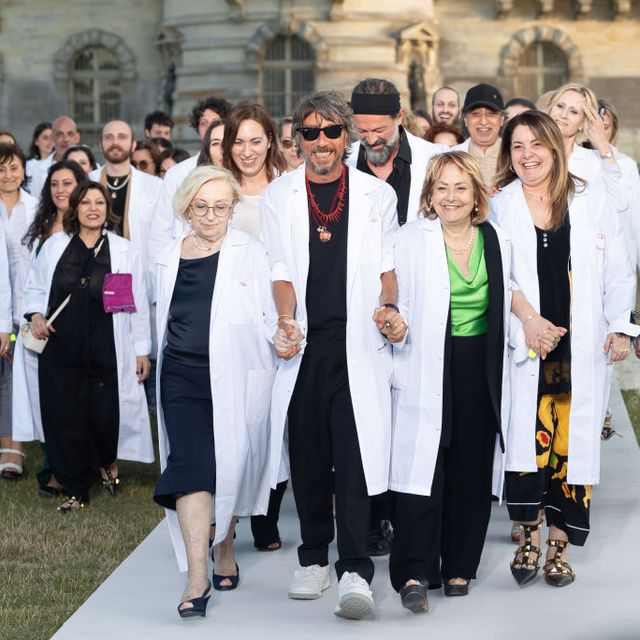 chantilly, france july 05 editorial use only for non editorial use please seek approval from fashion house fashion designer pierpaolo piccioli and the valentino team acknowledge the applause of the audience after the valentino haute couture fallwinter 20232024 show as part of paris fashion week at chateau de chantilly on july 05, 2023 in chantilly, france photo by marc piaseckiwireimage
