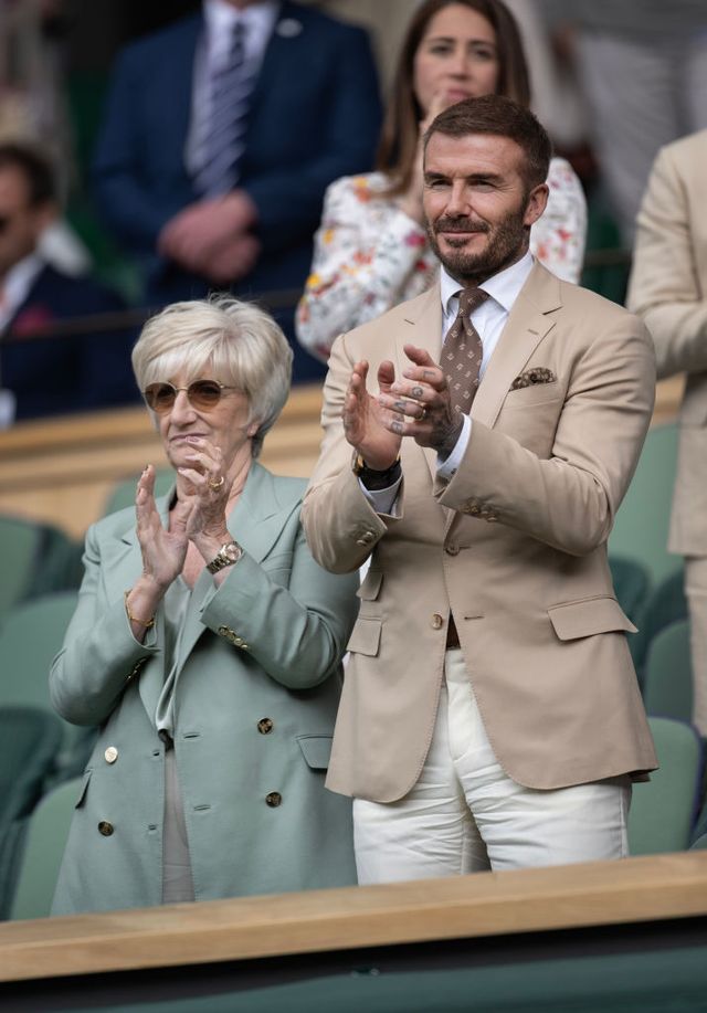 london, england july 05 david beckham and his mum sandra watch the action on centre court from the royal box during day three of the championships wimbledon 2023 at all england lawn tennis and croquet club on july 05, 2023 in london, england photo by visionhausgetty images