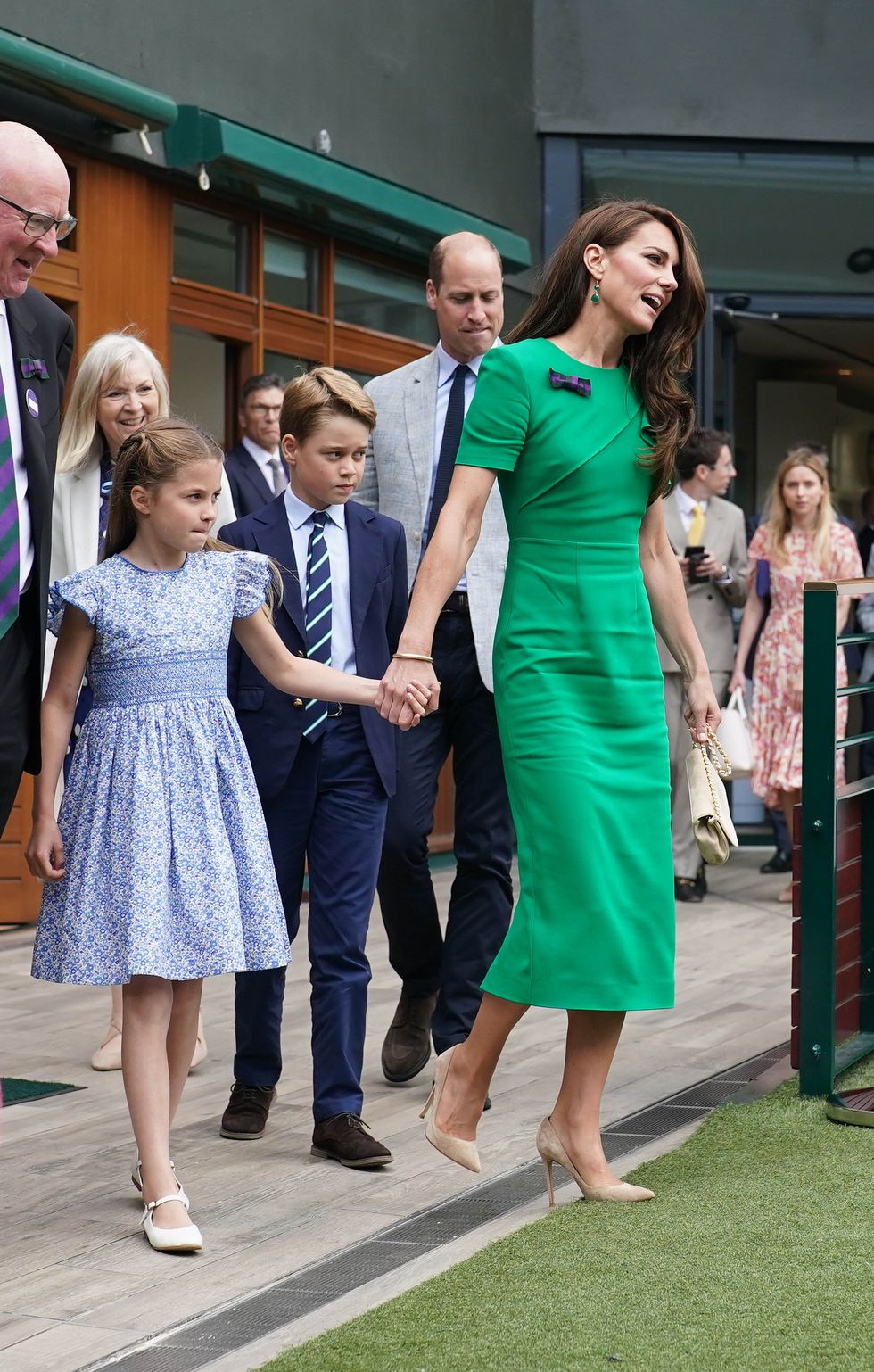 london, england july 16 catherine, princess of wales r, princess charlotte l, prince george 2nd l and prince william, prince of wales 2nd r arrive to attend day fourteen of the wimbledon tennis championships at all england lawn tennis and croquet club on july 16, 2023 in london, england photo by victoria jones wpa poolgetty images