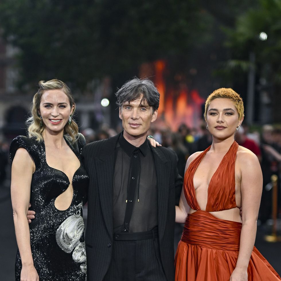 london, england july 13 l r emily blunt, cillian murphy and florence pugh attend the oppenheimer uk premiere at odeon luxe leicester square on july 13, 2023 in london, england photo by gareth cattermolegetty images