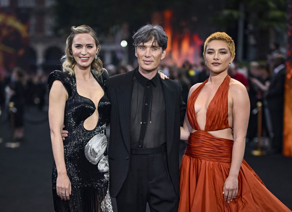 london, england july 13 l r emily blunt, cillian murphy and florence pugh attend the "oppenheimer" uk premiere at odeon luxe leicester square on july 13, 2023 in london, england photo by gareth cattermolegetty images