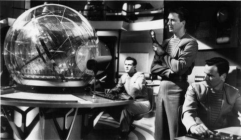 jack kelly, leslie nielsen, and richard anderson in control room in a scene from the film 'forbidden planet', 1956 photo by metro goldwyn mayergetty images
