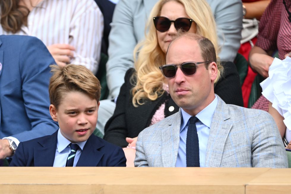 london, england july 16 prince george of wales and prince william, prince of wales watch carlos alcaraz vs novak djokovic in the wimbledon 2023 mens final on centre court during day fourteen of the wimbledon tennis championships at the all england lawn tennis and croquet club on july 16, 2023 in london, england photo by karwai tangwireimage