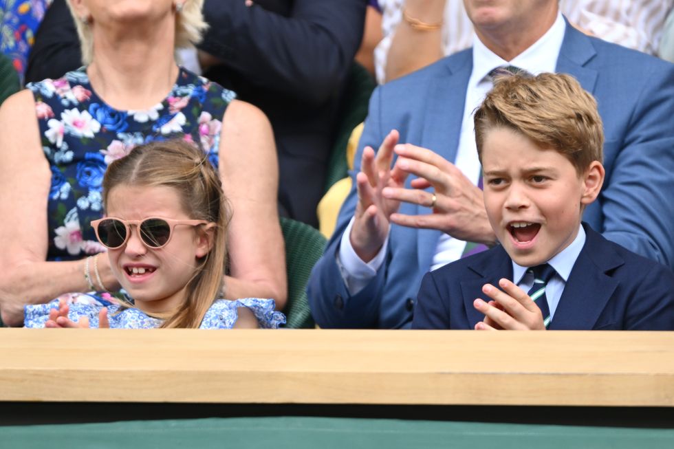 london, england july 16 princess charlotte of wales and prince george of wales watch carlos alcaraz vs novak djokovic in the wimbledon 2023 mens final on centre court during day fourteen of the wimbledon tennis championships at the all england lawn tennis and croquet club on july 16, 2023 in london, england photo by karwai tangwireimage