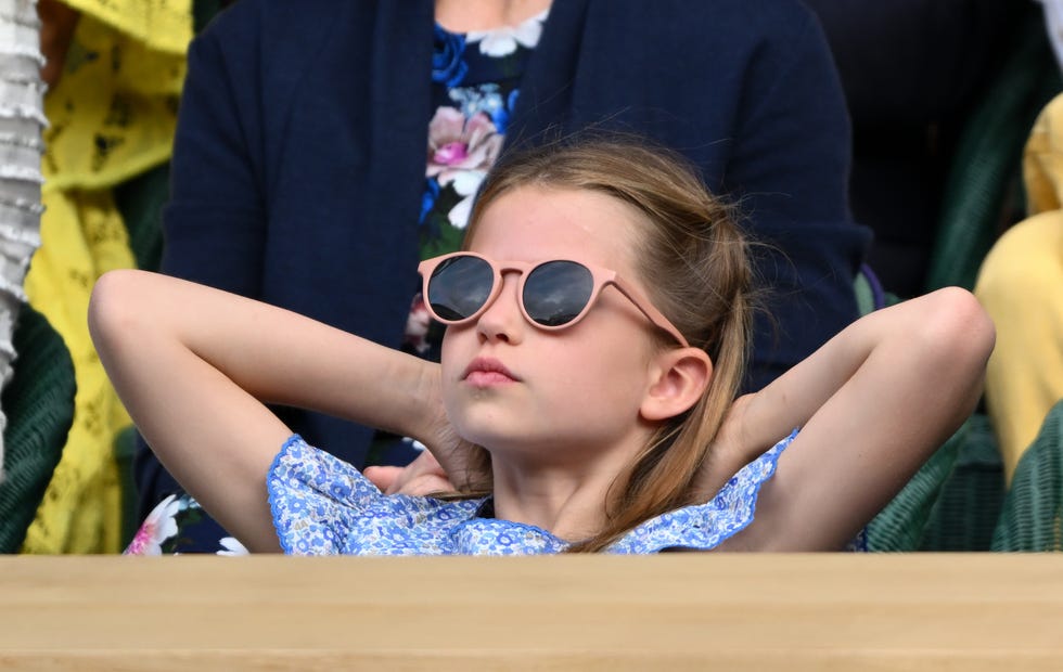 london, england july 16: princess charlotte of wales watches carlos alcaraz vs novak djokovic in the wimbledon 2023 mens final on centre court during day fourteen of the wimbledon tennis championships at all england lawn tennis and croquet club on july 16, 2023 in london, england. (photo by karwai tang/wireimage)