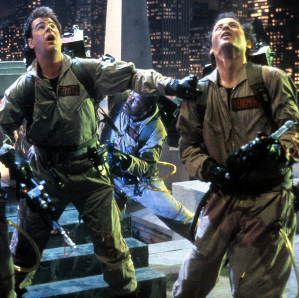 Raymond Stantz and Peter Venkman look up to the sky in a scene from 'Ghostbusters,' a Good Housekeeping pick for best Halloween movies for kids raymond stantz and peter venkman look up to the sky in a scene from 'ghostbusters,' a good housekeeping pick for best halloween movies for kids