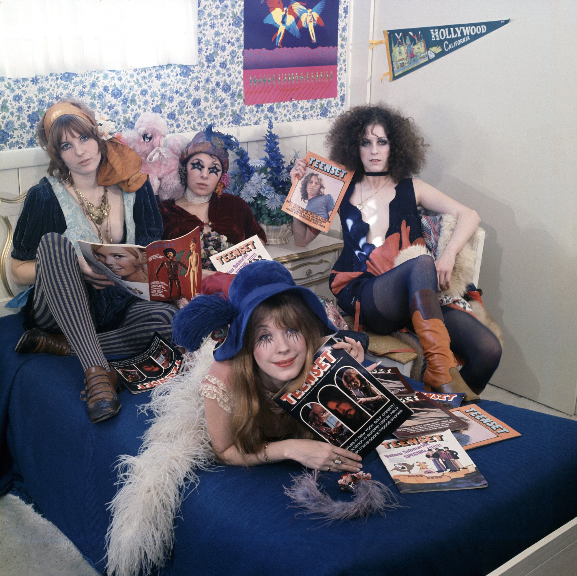 los angeles   january 14  pop group and goupies the gtos girls together outrageously l r miss cynderella, miss sandra, and miss christine, miss pamela is in the front pose for teenset magazine cover on january 14, 1969 in los angeles, california photo by ed caraeffgetty images
