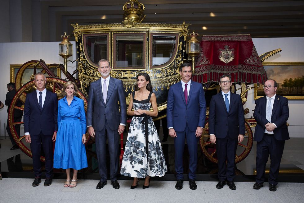Madrid, Spain, July 25 Senate President Ander Gil, Heritage President Ana de la Cueva, King Felipe VI of Spain, Queen Letizia of Spain, President Pedro Sánchez, Minister of the Presidency, Relations with the Cortes and Democratic Memory Felix Bolaños and Minister of Culture Mikel Iceta opens a new museum galleries of the royal collections on July 25, 2023 in Madrid, Spain.  Photo by Carlos Alvarezgetty images